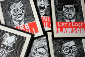 A Humorous Group of Six Framed English Political Satire Woodblock Print Posters c.1987