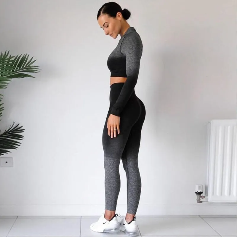 2 Piece Seamless Yoga Gym High Waist Ombre Leggings Shirts Top Suit Long Sleeve Fitness Workout Sport  Sportswear Set