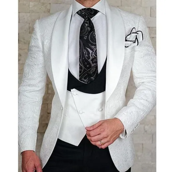 2021 Custom size Jacquard Groomsmen white Groom Tuxedos Shawl Lapel Men Suits Wedding Prom Best Man Blazer Jacket with Pants Set