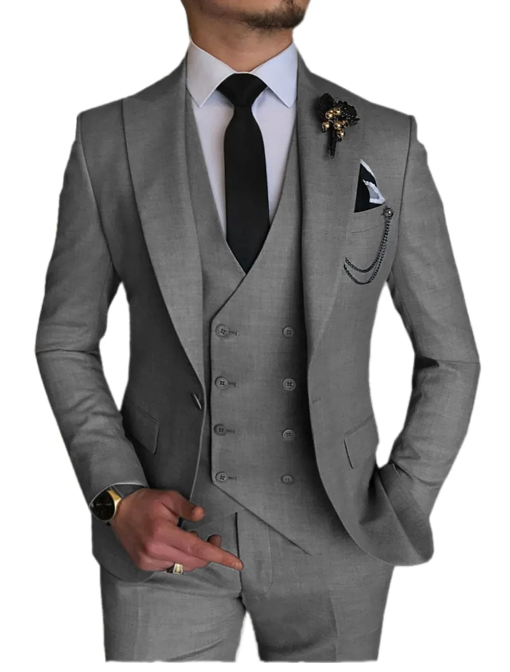 3 Piece Mens Suit Double Breasted Prom Peak Lapel Suit (Blazer   Vest   Pants)