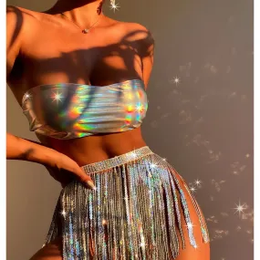 3pack Holographic Bandeau Bikini Swimsuit and Sequin Fringe Beach Skirt