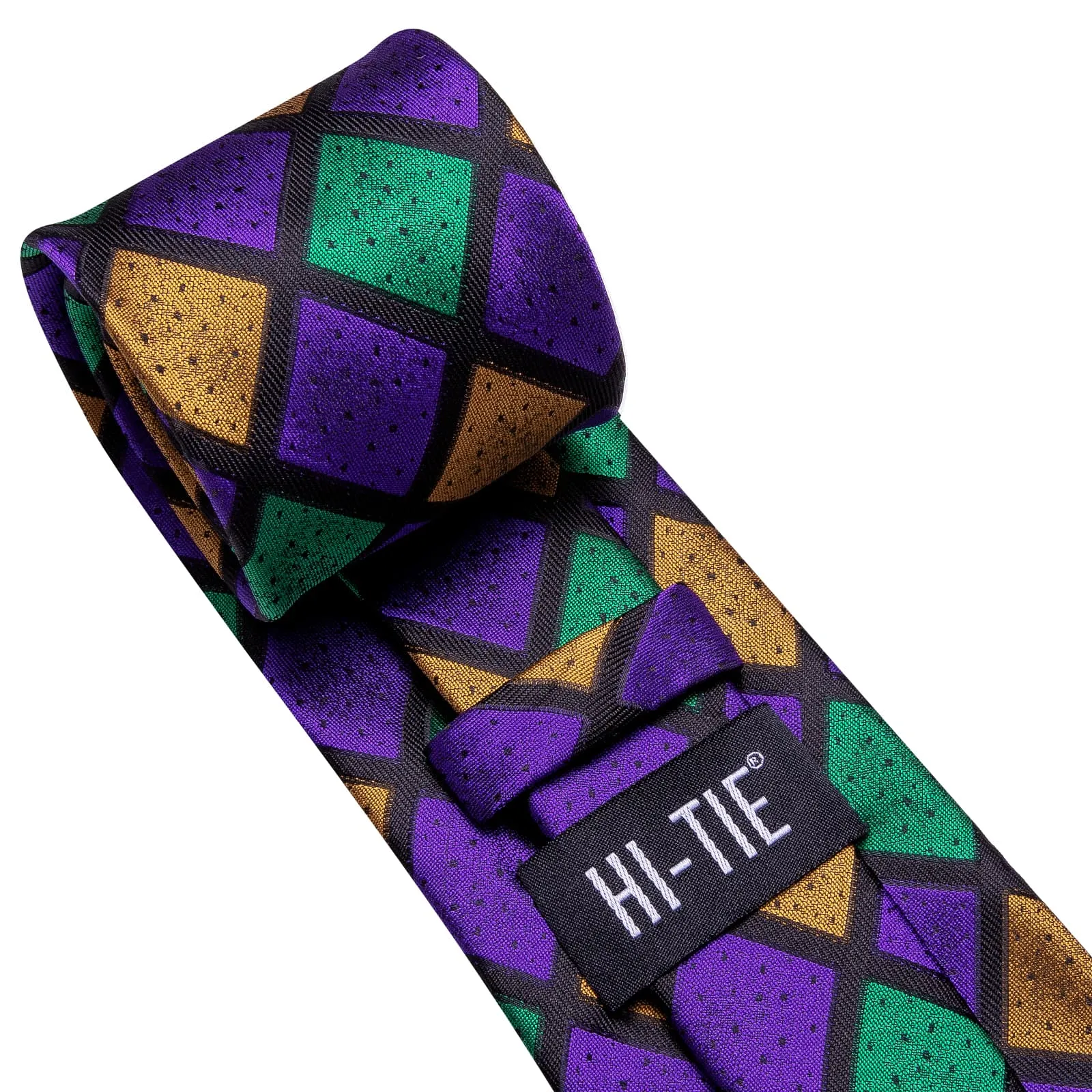 $9.99 Hi-Tie Checkered Green Purple Gold Necktie Handkerchief Cufflinks Set