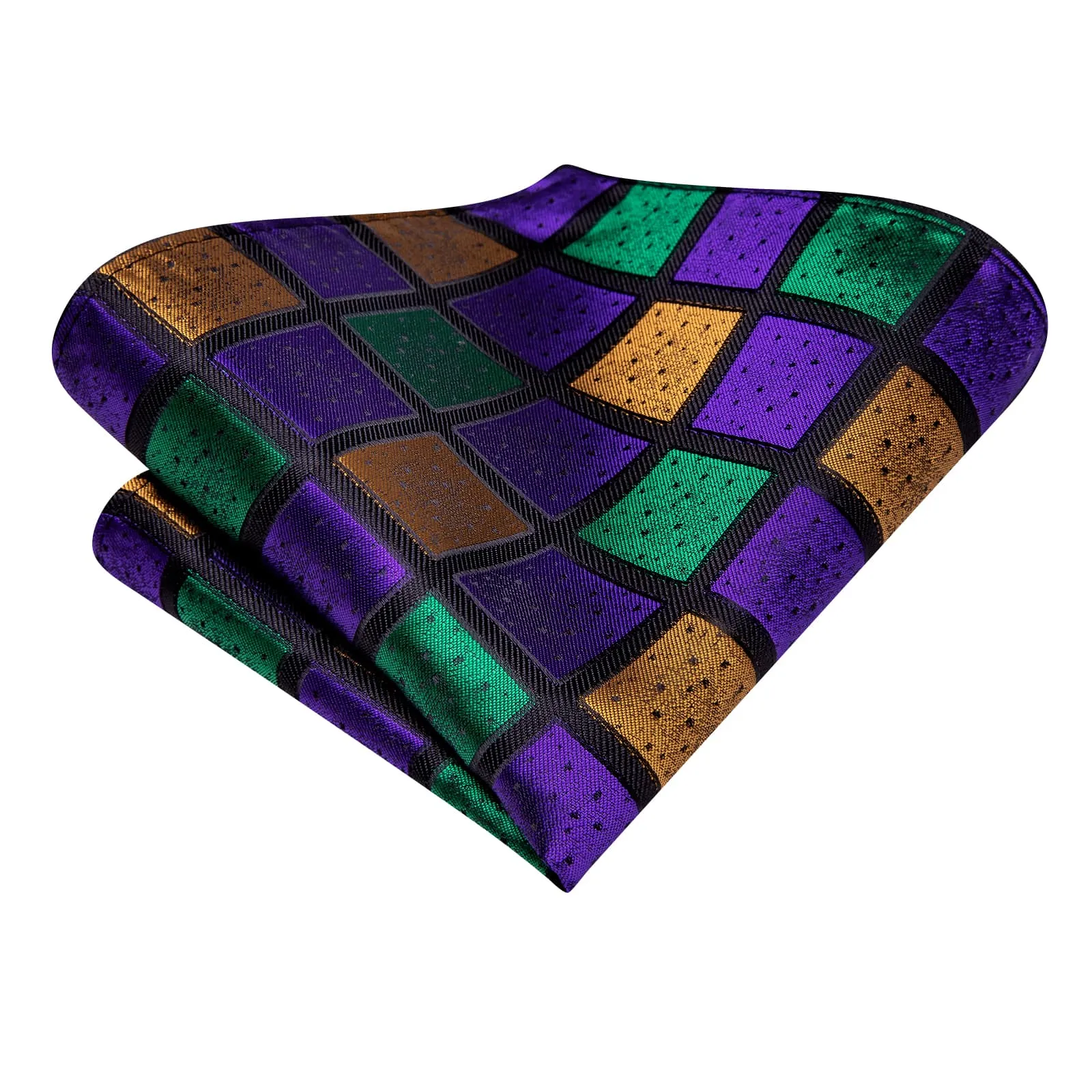 $9.99 Hi-Tie Checkered Green Purple Gold Necktie Handkerchief Cufflinks Set