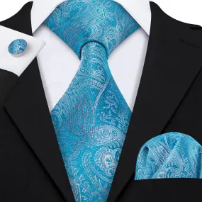 $9.99 Hi-Tie Light Blue Paisley Silk Men's Tie Pocket Square Cufflinks Set