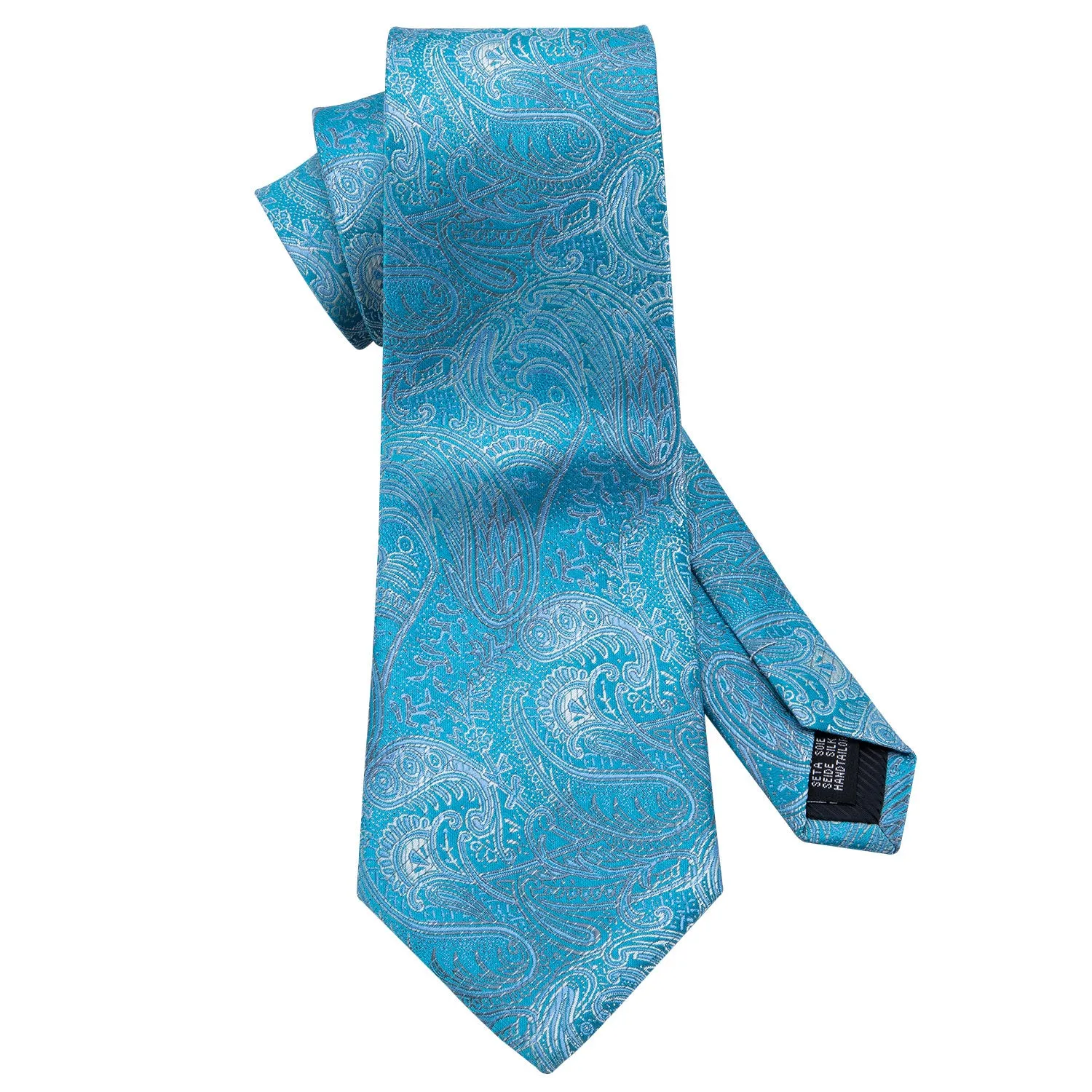 $9.99 Hi-Tie Light Blue Paisley Silk Men's Tie Pocket Square Cufflinks Set