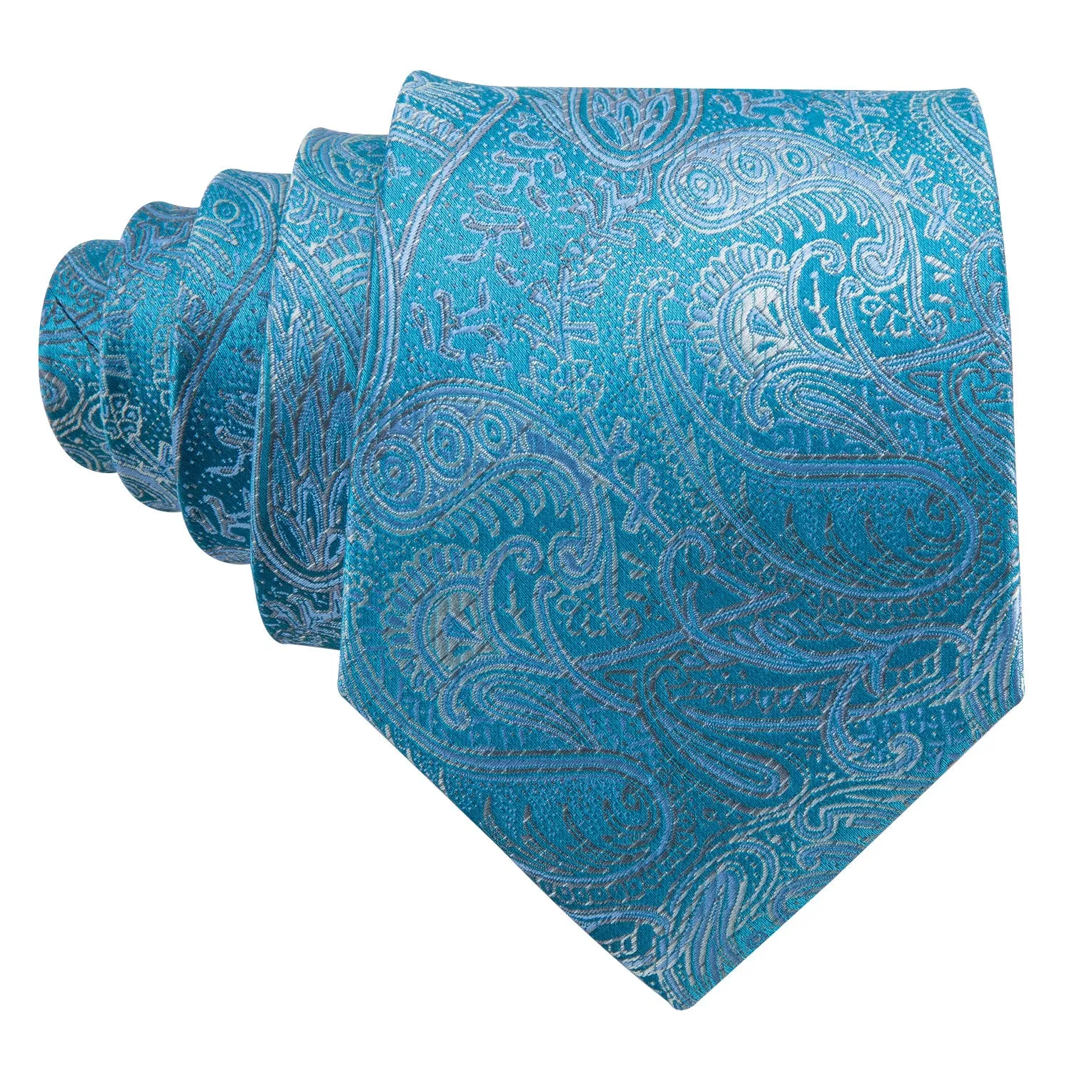 $9.99 Hi-Tie Light Blue Paisley Silk Men's Tie Pocket Square Cufflinks Set