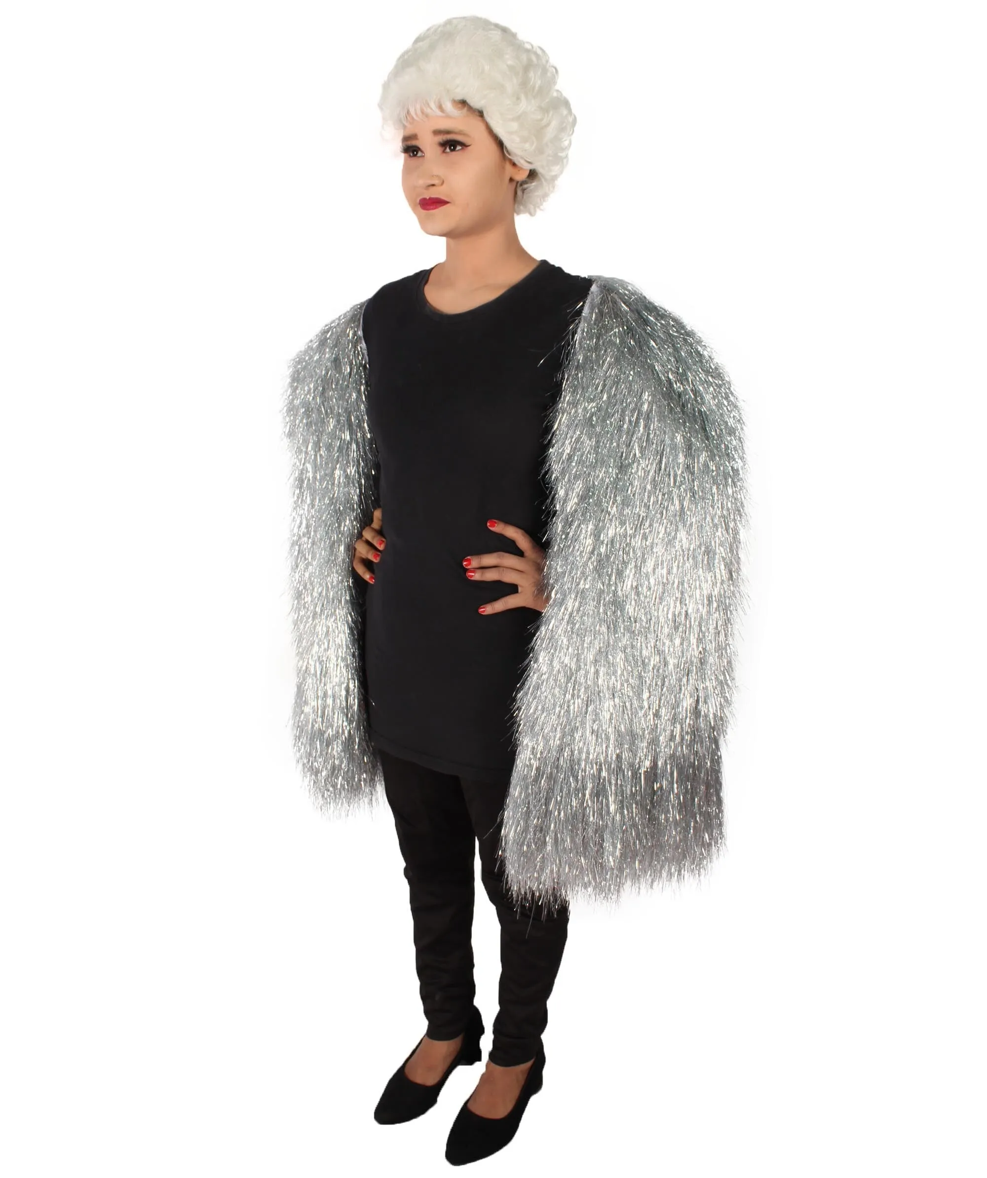 Adult Unisex Silver Holographic Tinsel Party Costume| Extra Long Dense Thin Tinsel Jacket| Festival Ready| Flame-retardant Synthetic Materials