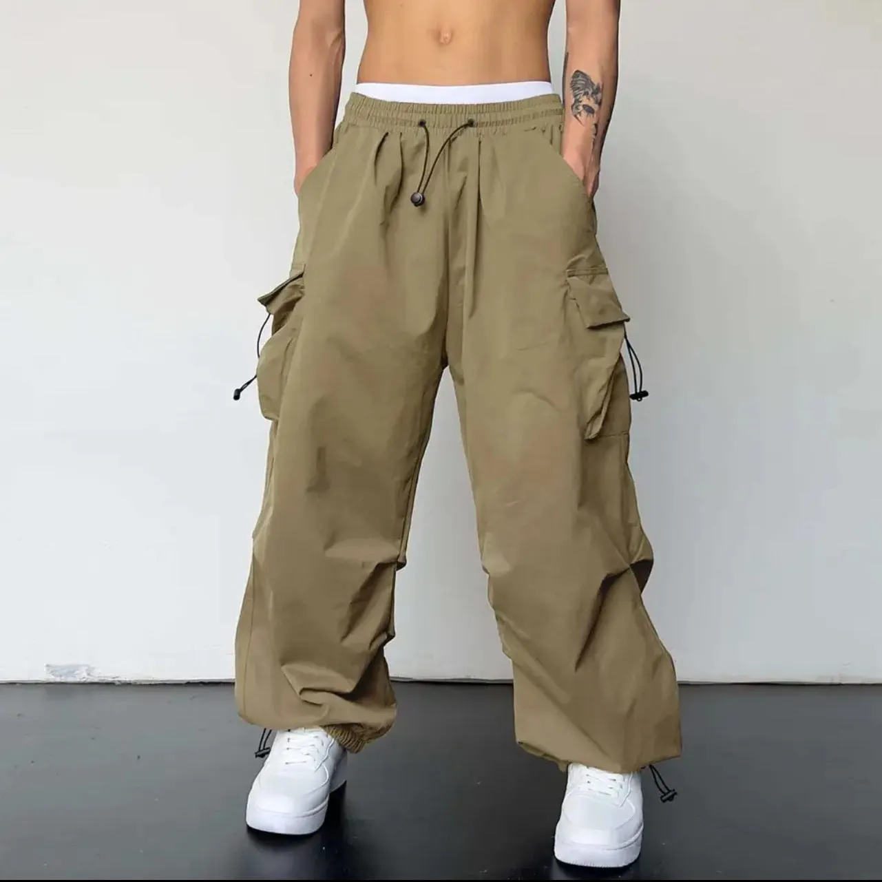 Advbridge masc outfits American High Street Drawstring Overalls Trendy High Waist Loose All-Match Straight Couple Wide Leg Casual Trousers