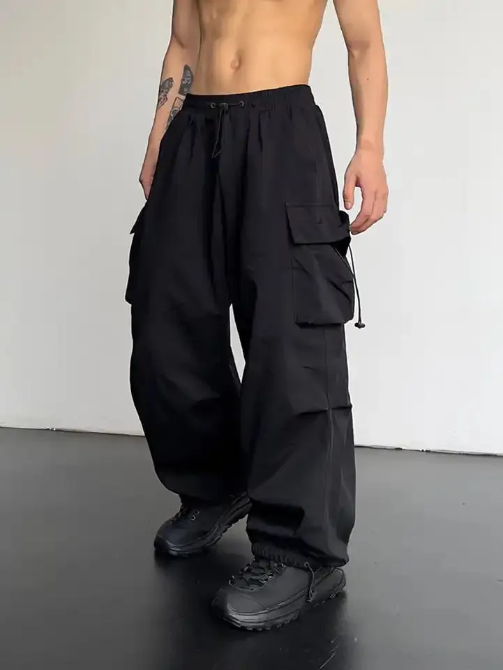 Advbridge masc outfits American High Street Drawstring Overalls Trendy High Waist Loose All-Match Straight Couple Wide Leg Casual Trousers