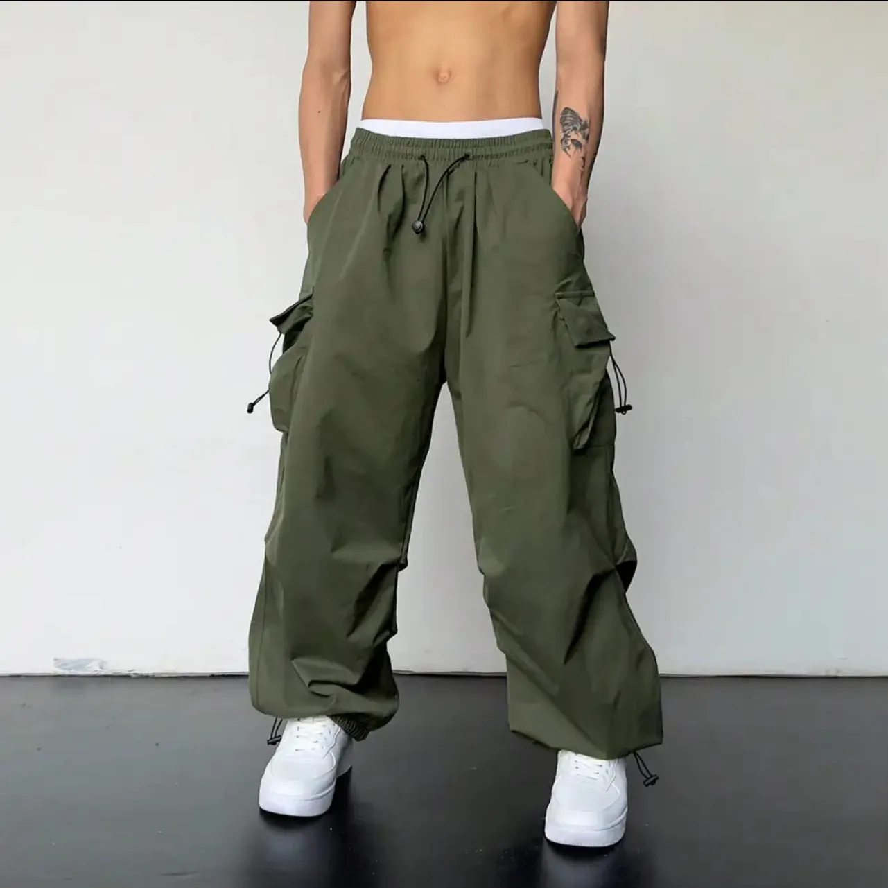 Advbridge masc outfits American High Street Drawstring Overalls Trendy High Waist Loose All-Match Straight Couple Wide Leg Casual Trousers