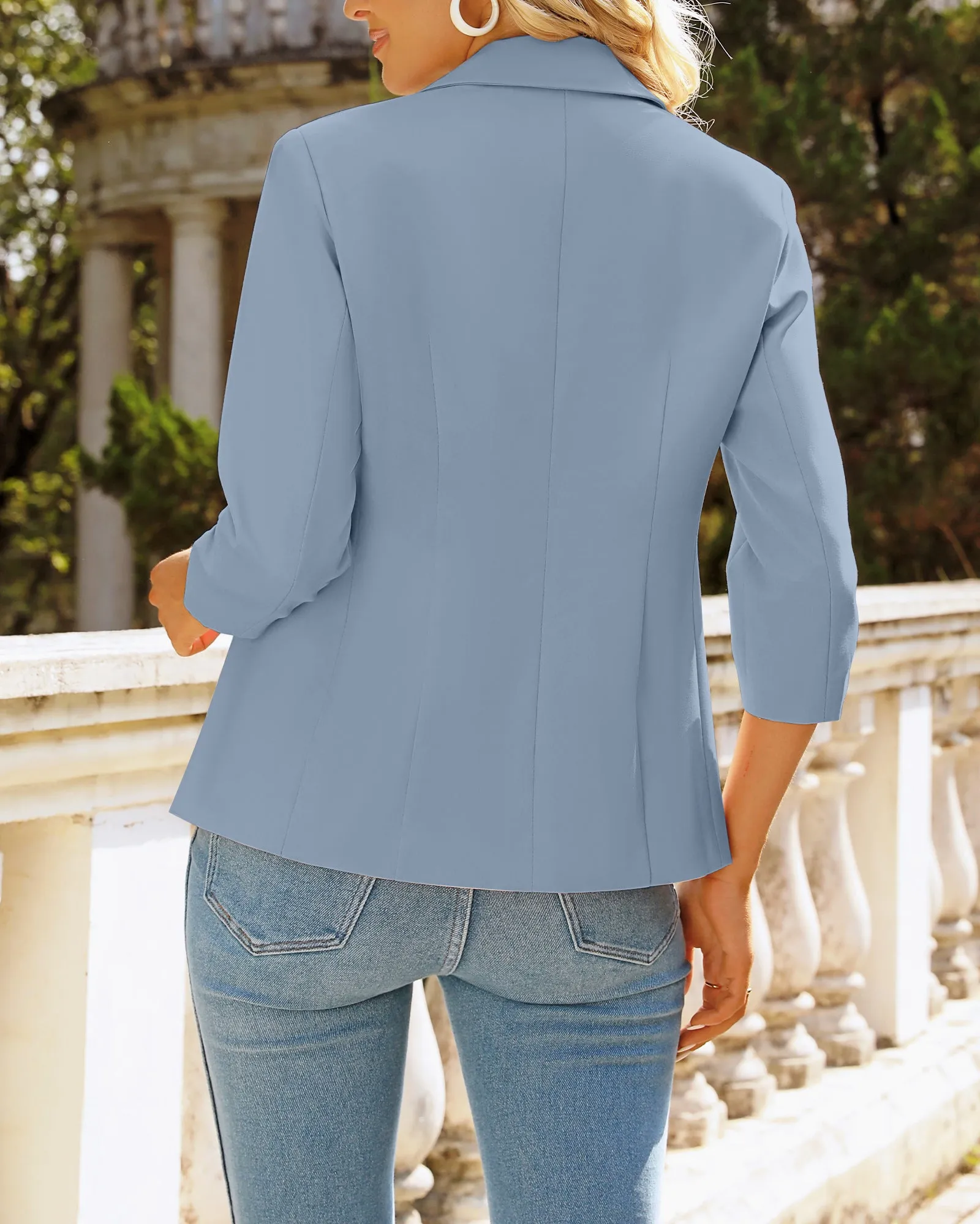 Airy Blue Women's Crop Sleeves Side Pockets Front Button Short Work Office Blazer Coat