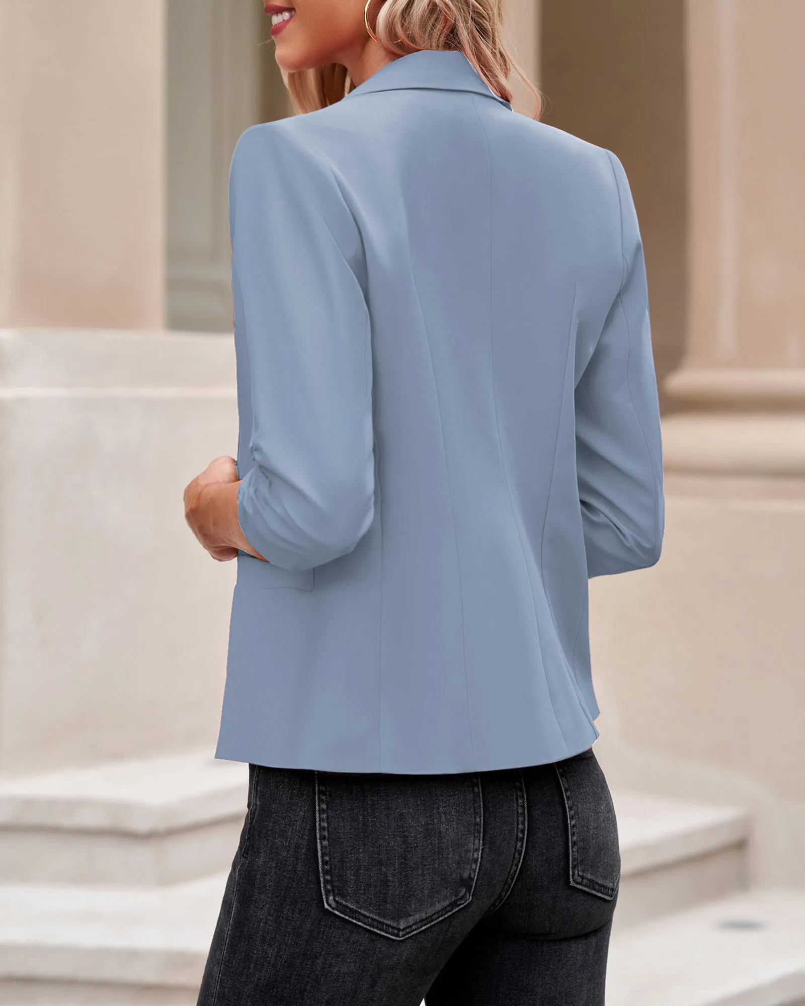 Airy Blue Women's Crop Sleeves Side Pockets Front Button Short Work Office Blazer Coat