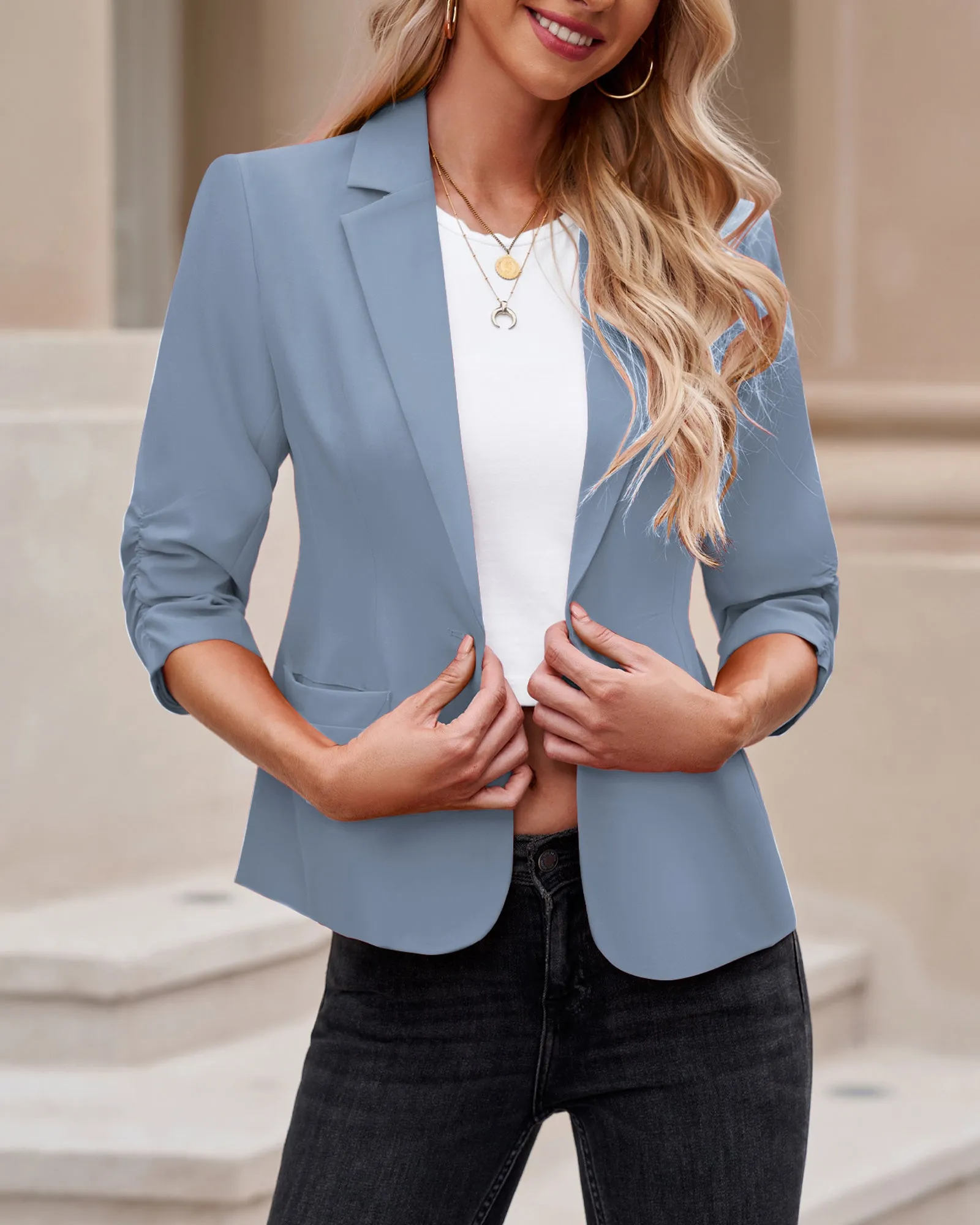 Airy Blue Women's Crop Sleeves Side Pockets Front Button Short Work Office Blazer Coat