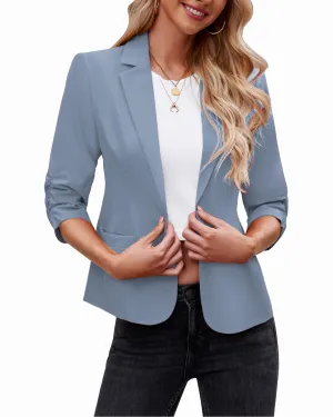 Airy Blue Women's Crop Sleeves Side Pockets Front Button Short Work Office Blazer Coat