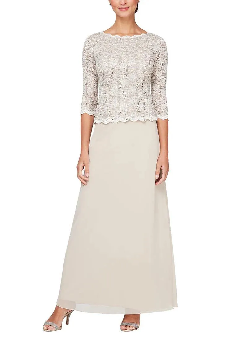 Alex Evenings Scalloped Crew Neck 3/4 Sleeve Sequined Lace Bodice Mock 2 Piece Dress with Chiffon Skirt (Petite)