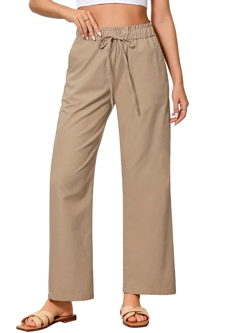 Almond Women's Casual Full Length Elastic High Waist Relaxed Fit Wide Leg Pants with Pocket