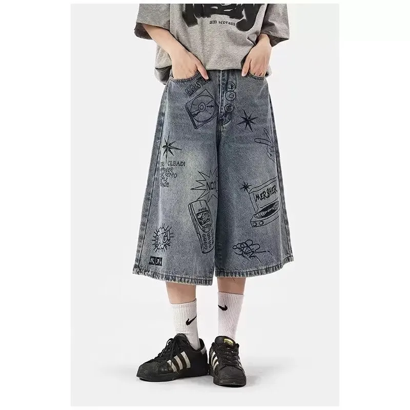 American Style Hip Hop Trendy Printed Men's High Street Retro Fashion Casual Baggy Pants Straight-Leg Trousers Jeans