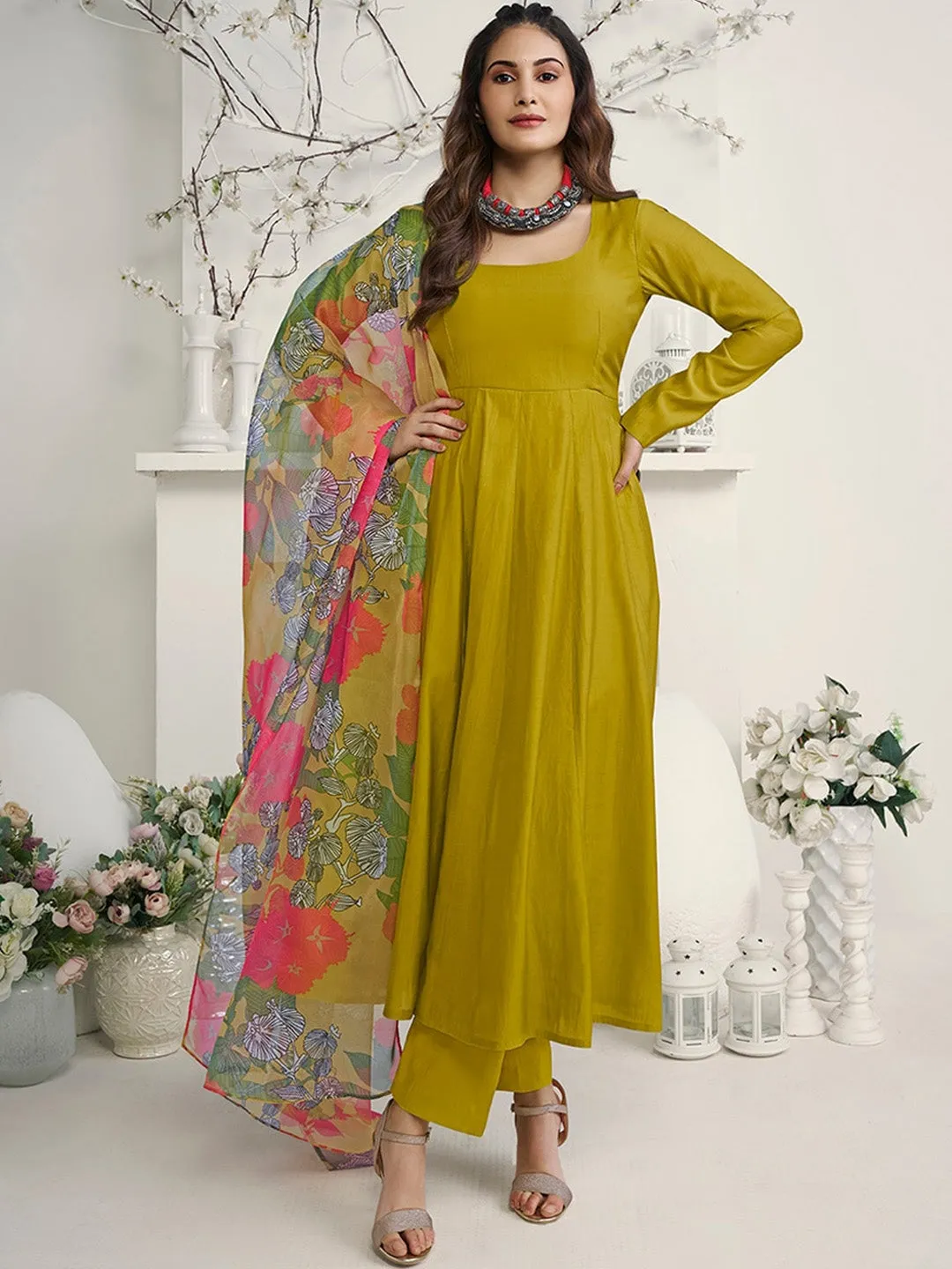 Amyra Dastur Mustard Yellow Square Neck Empire Pure Silk Anarkali Kurta with Trousers & Dupatta