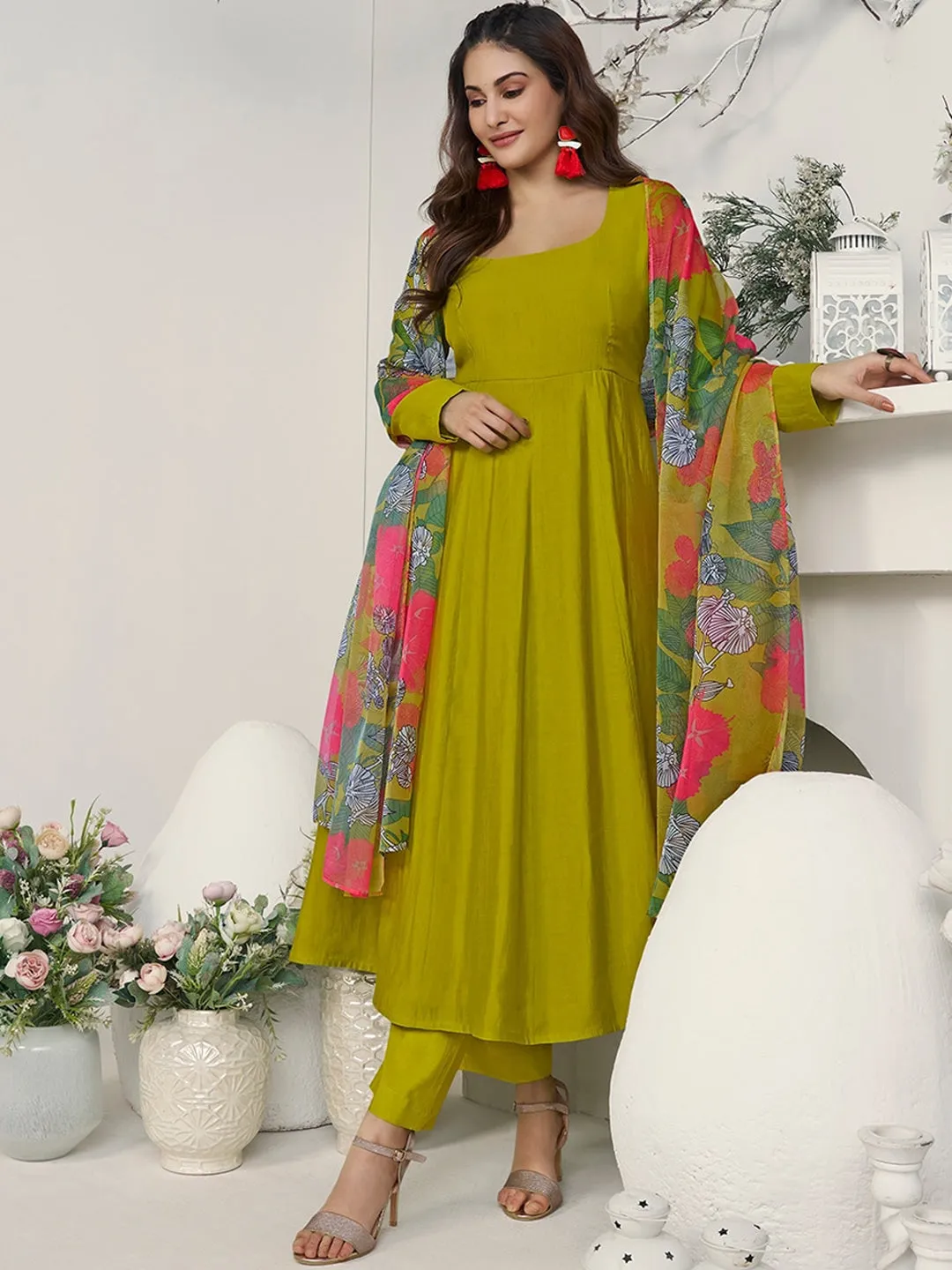 Amyra Dastur Mustard Yellow Square Neck Empire Pure Silk Anarkali Kurta with Trousers & Dupatta