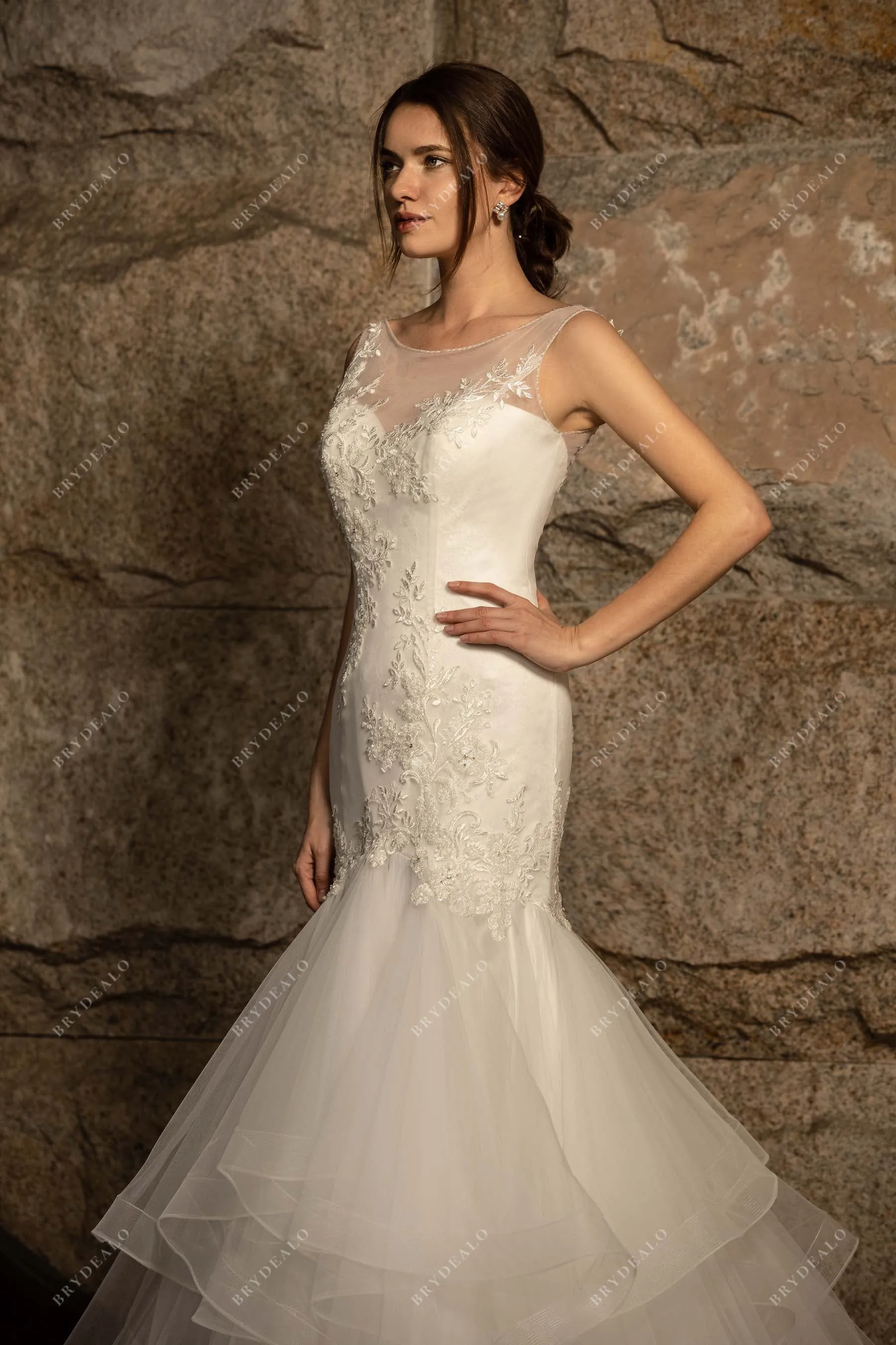 Beaded Lace Tulle Ruffled Mermaid Wedding Dress