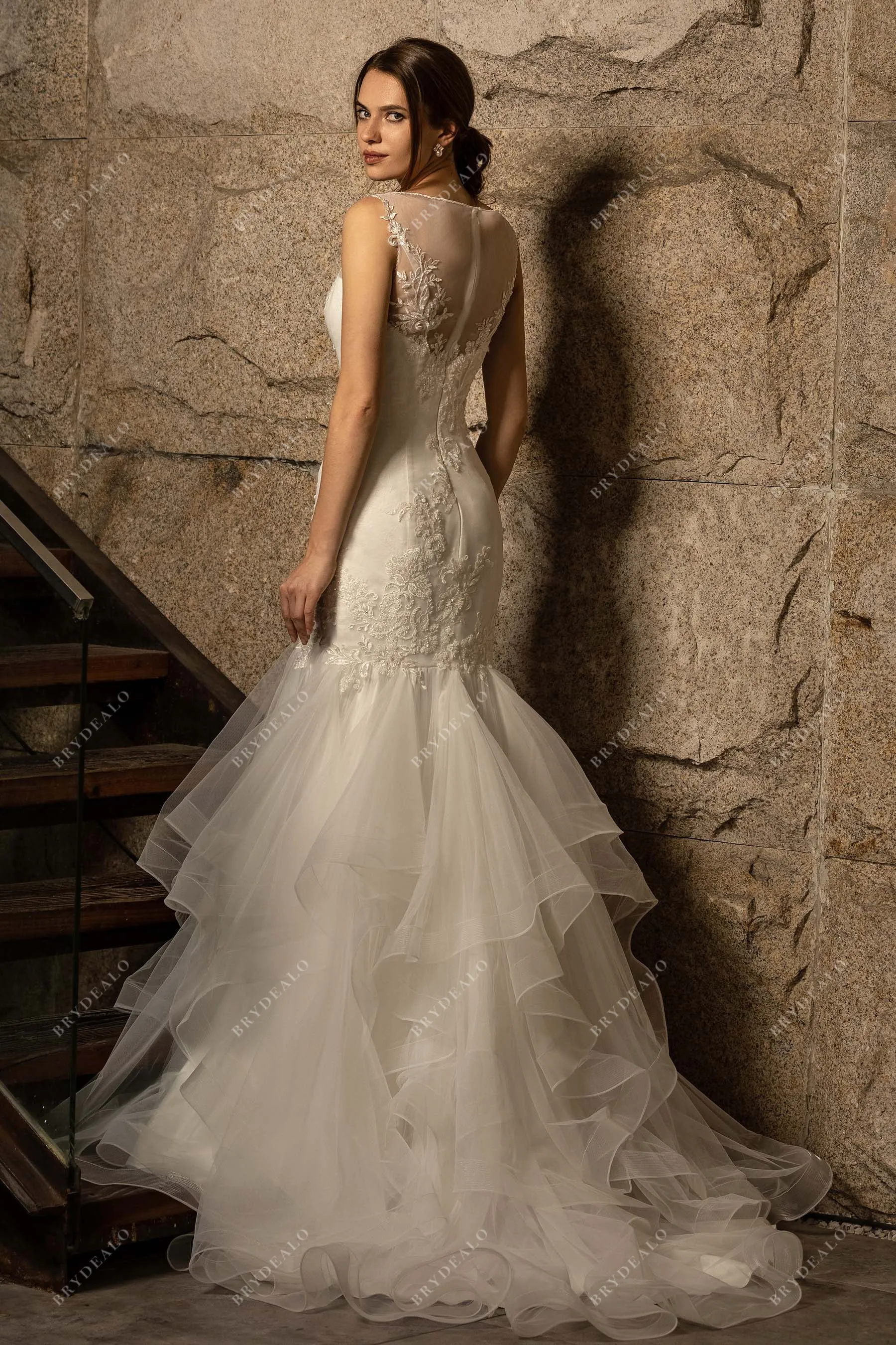 Beaded Lace Tulle Ruffled Mermaid Wedding Dress