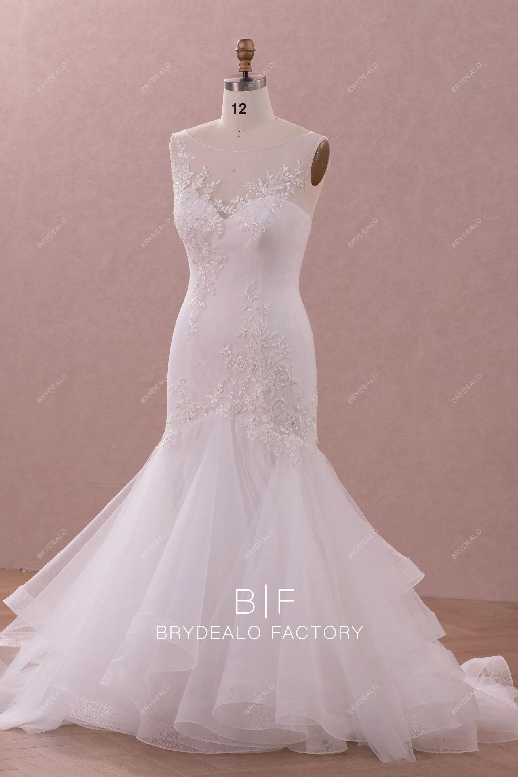 Beaded Lace Tulle Ruffled Trumpet Wedding Dress