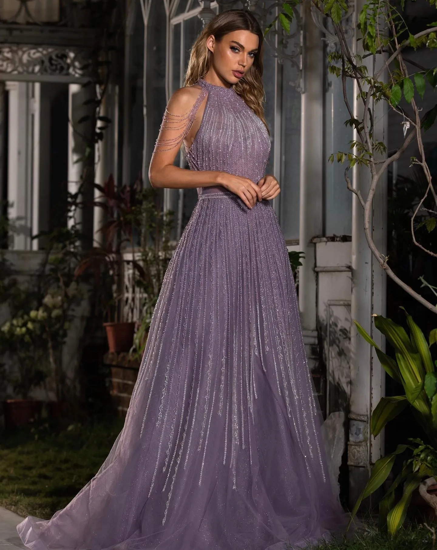 Beatrix High Neck Embroidered Gown - Purple