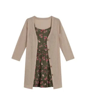 Beautees Printed Knit Dress and Cardigan, 2-Piece Set - Olive