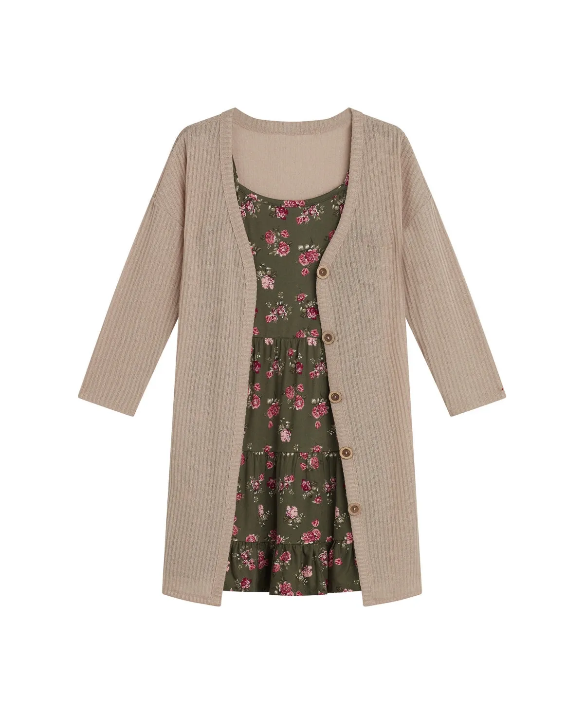 Beautees Printed Knit Dress and Cardigan, 2-Piece Set - Olive