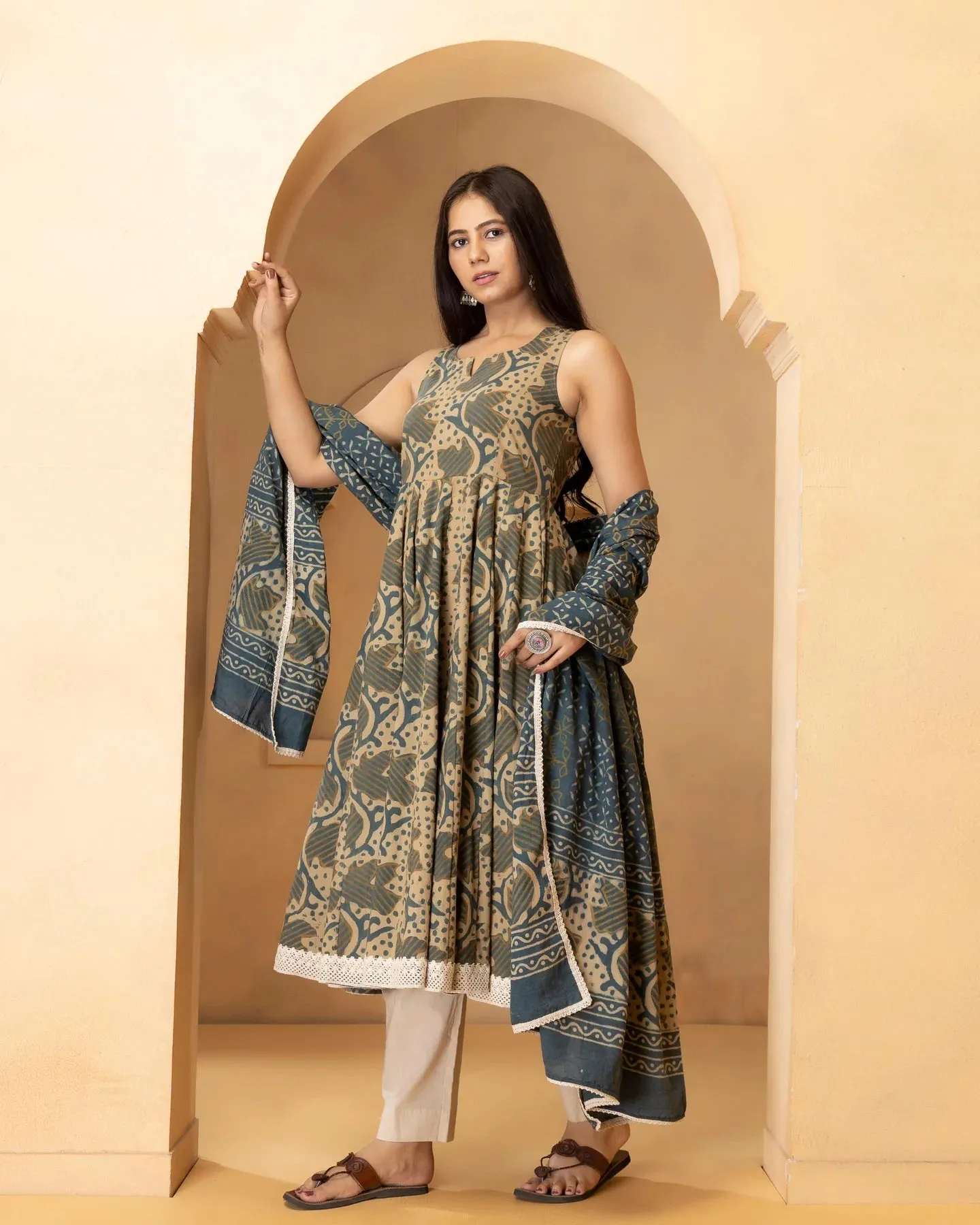 Beige & Blue Cotton Printed Anarkali Suit Set with Dupatta