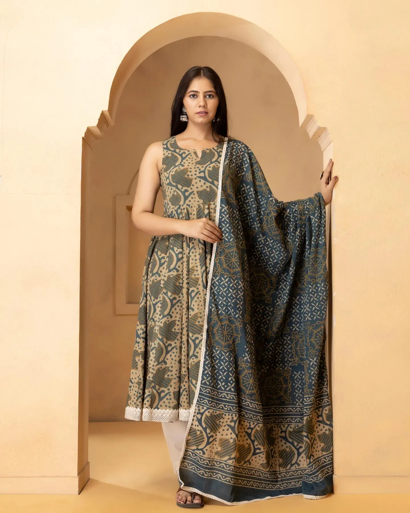 Beige & Blue Cotton Printed Anarkali Suit Set with Dupatta