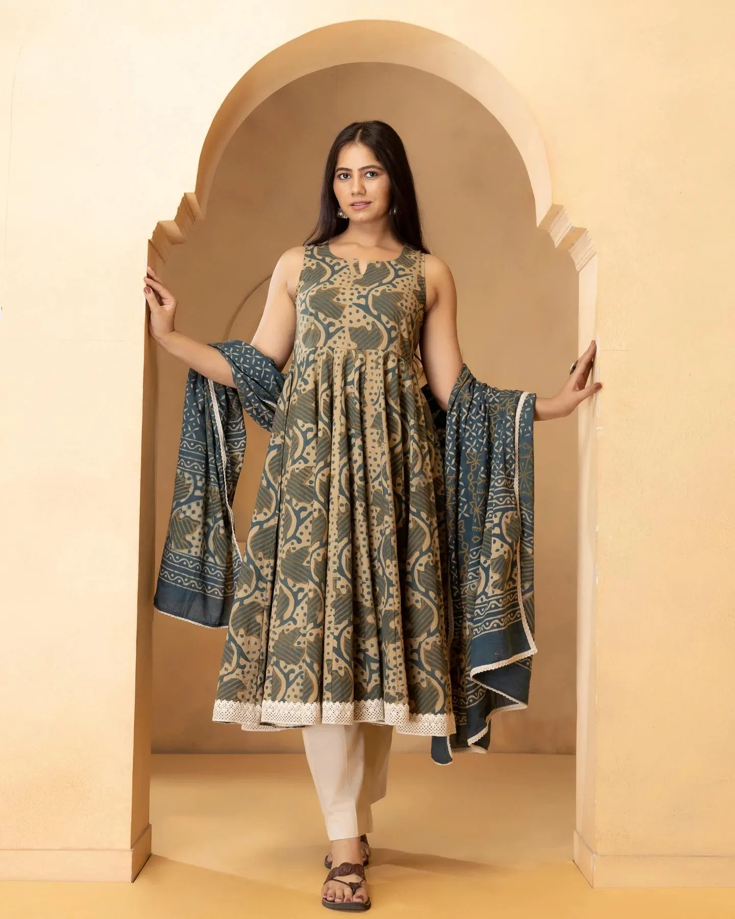 Beige & Blue Cotton Printed Anarkali Suit Set with Dupatta