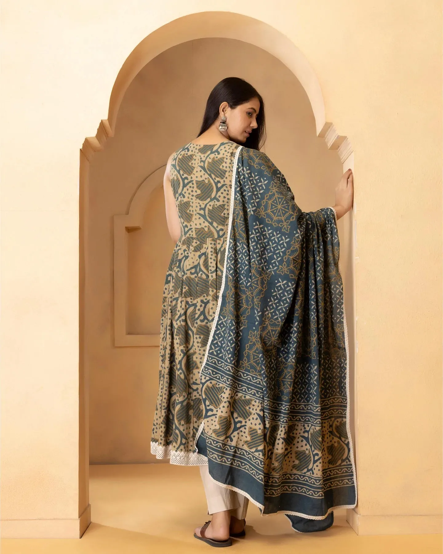 Beige & Blue Cotton Printed Anarkali Suit Set with Dupatta