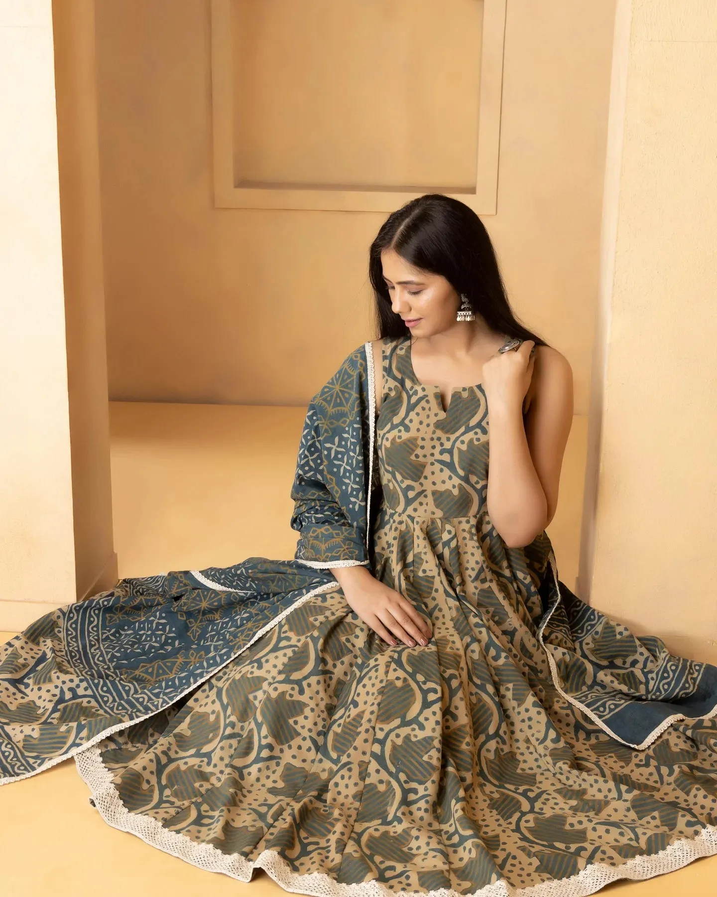 Beige & Blue Cotton Printed Anarkali Suit Set with Dupatta