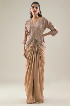 Beige Embellished Raw Silk Top & Skirt Set