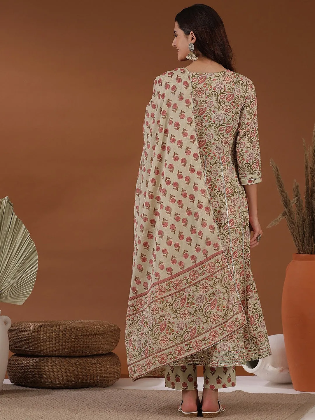 Beige Floral Printed Empire Gotta Patti Anarkali Kurta with Trousers & With Dupatta