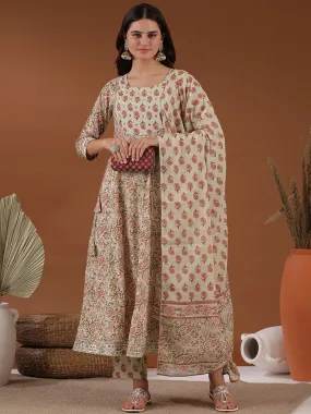 Beige Floral Printed Empire Gotta Patti Anarkali Kurta with Trousers & With Dupatta