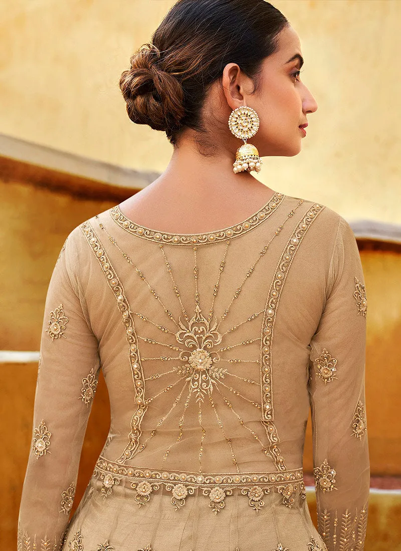 Beige Golden Embroidered Slit Style Anarkali Lehenga/Pant Suit