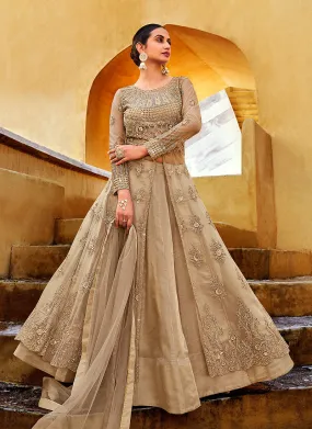 Beige Golden Embroidered Slit Style Anarkali Lehenga/Pant Suit