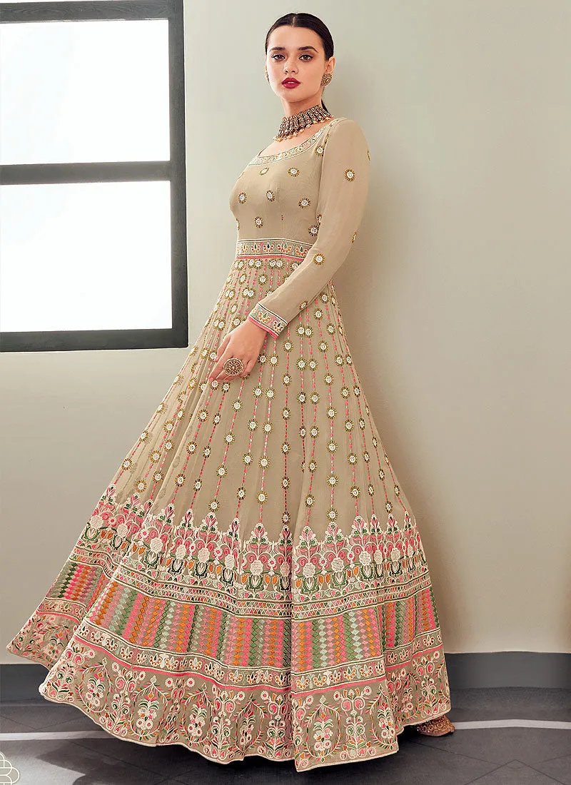 Beige Multi Embroidered Festive Anarkali Suit