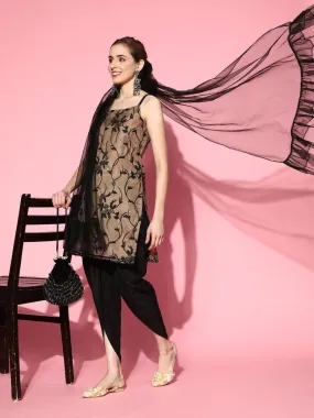 Beige Net floral Embroidered Kurta with Dhoti Pants and Dupatta