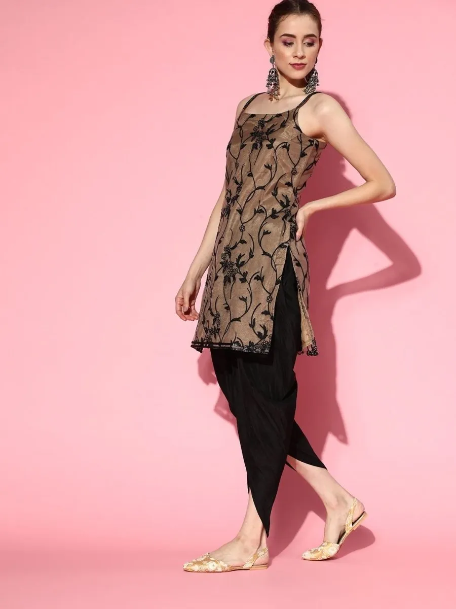 Beige Net floral Embroidered Kurta with Dhoti Pants and Dupatta