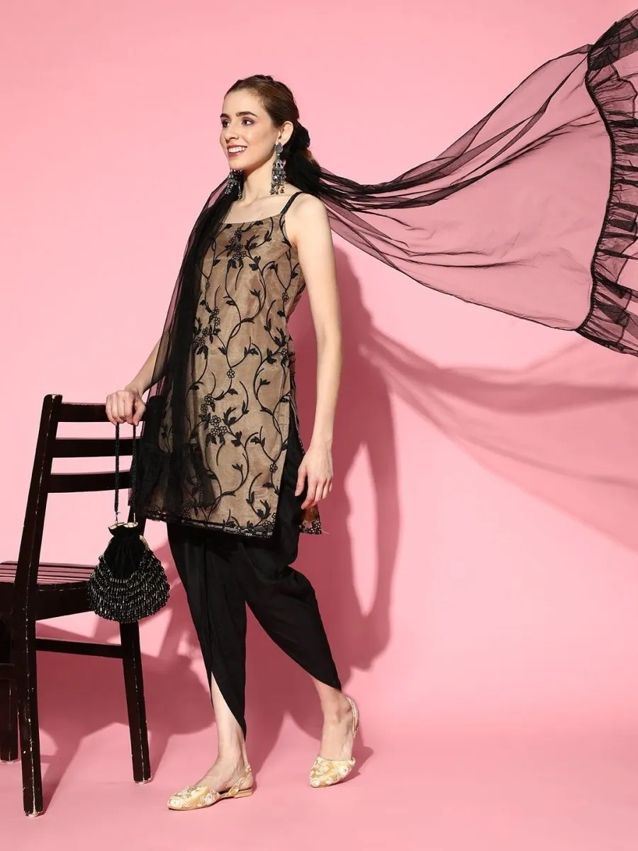 Beige Net floral Embroidered Kurta with Dhoti Pants and Dupatta