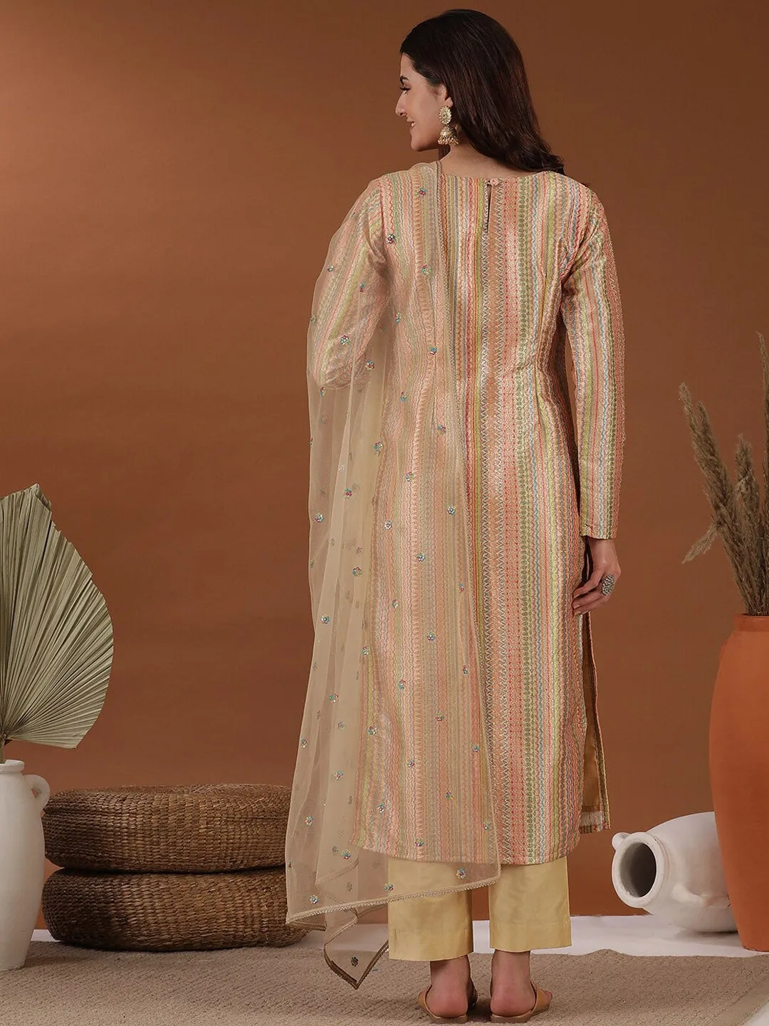 Beige Striped Embroidered Round Neck Thread Work Kurta with Trousers & With Dupatta