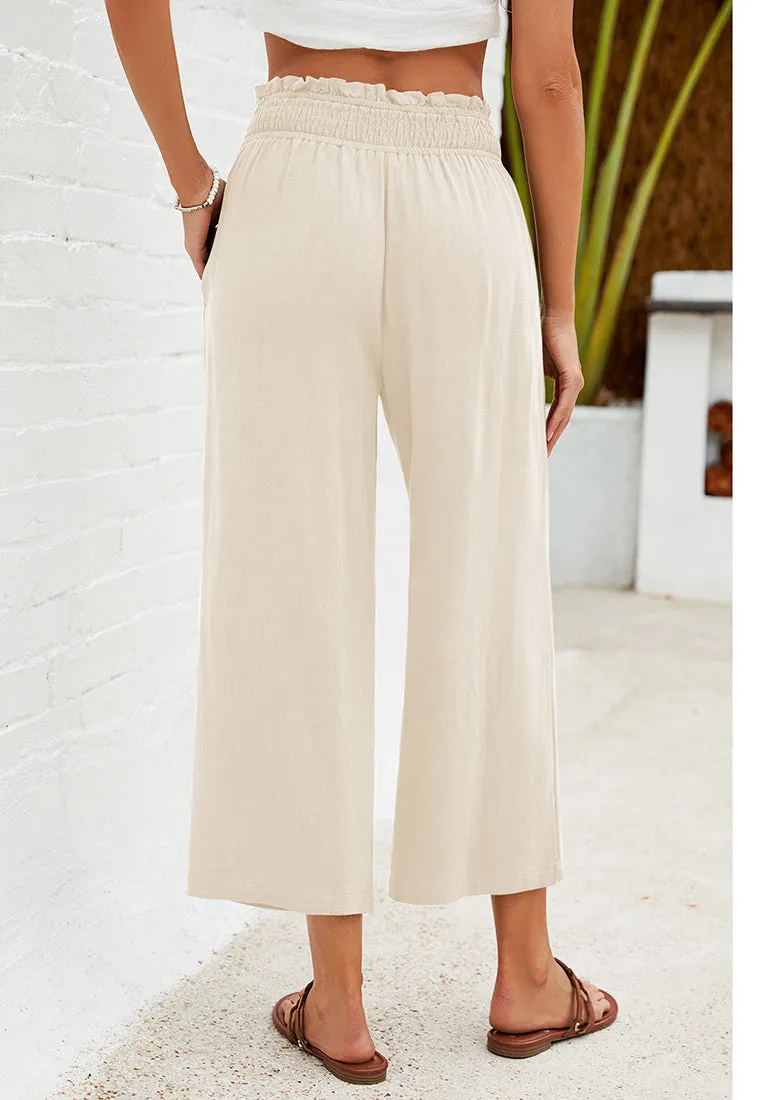 Beige Women's High Waisted Wide Leg Elastic Waist Linen Palazzo Pants Pull On Smock Waist Baggy Fit Trousers