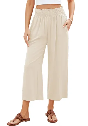 Beige Women's High Waisted Wide Leg Elastic Waist Linen Palazzo Pants Pull On Smock Waist Baggy Fit Trousers