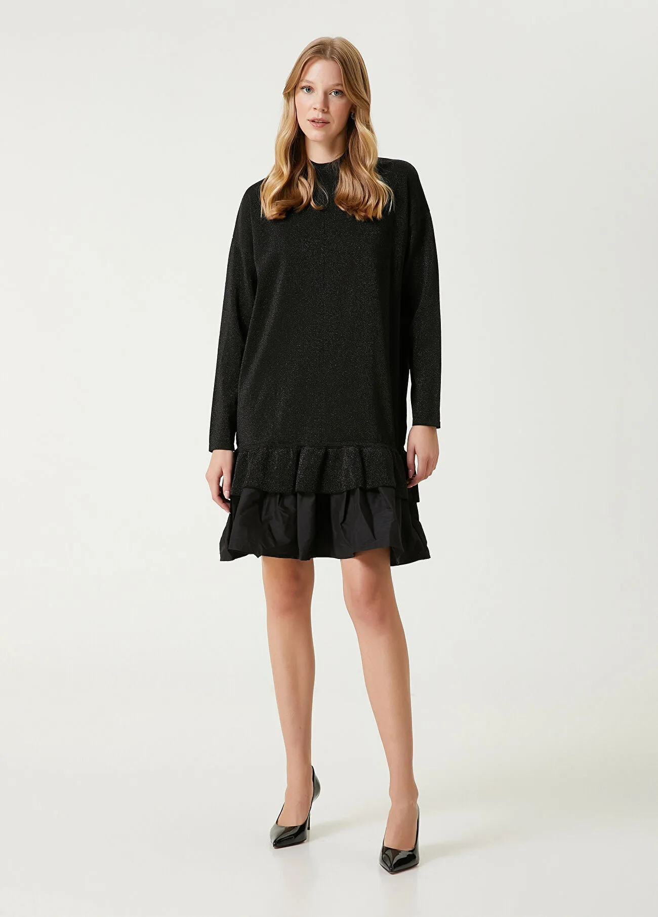 Beymen Club Taffeta Skirt Mini Knit Dress Black