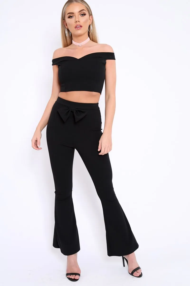 Black Bardot Crop Top and Flare Trousers Co-ord - Cacie