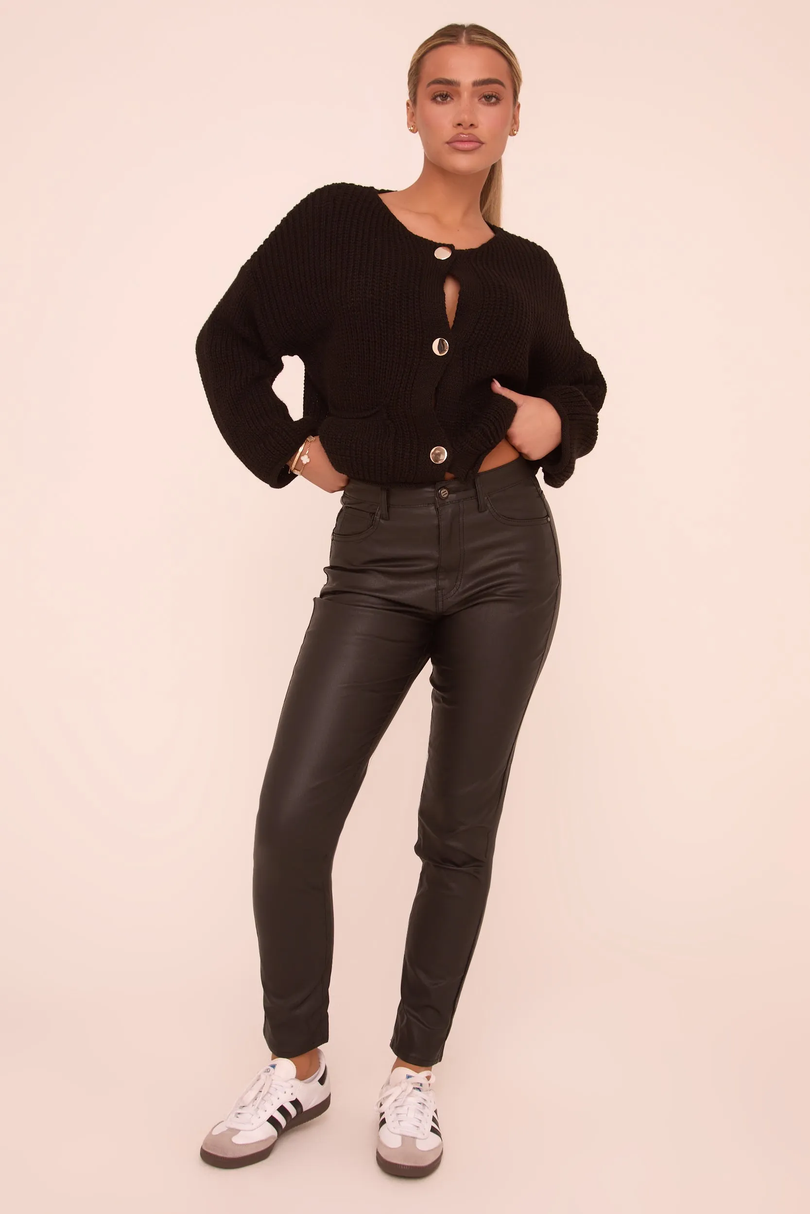 Black Faux Leather Mid Waist Straight Leg Trousers - Deya