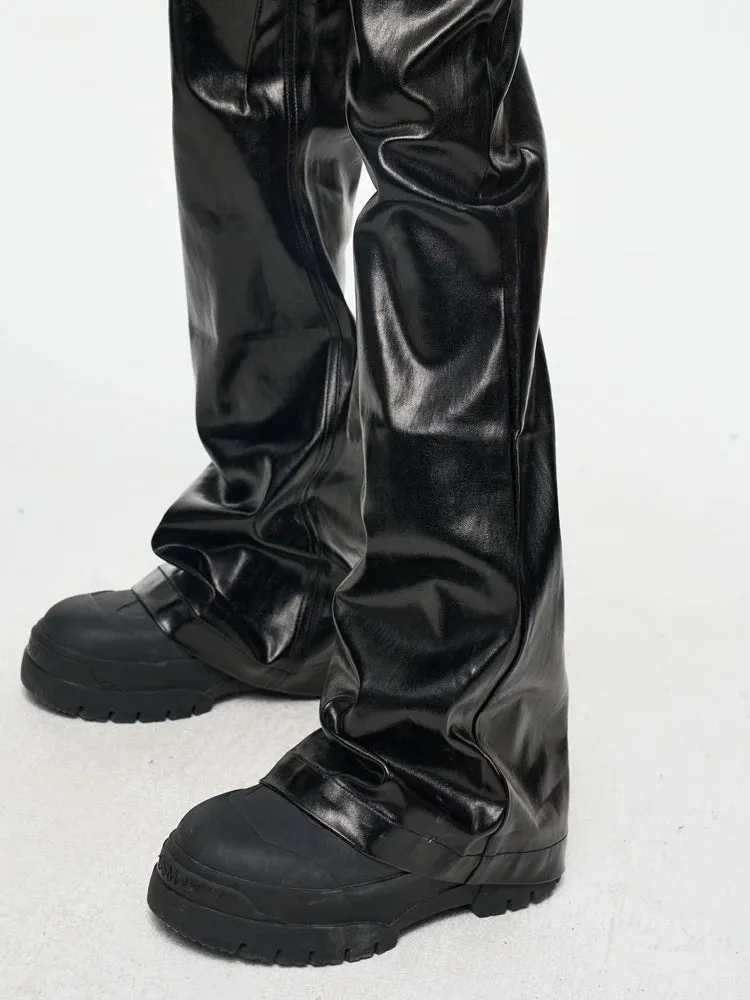 Black Glossy Patent Leather Micro-lapped Jeans Streetwear Tactical Pants